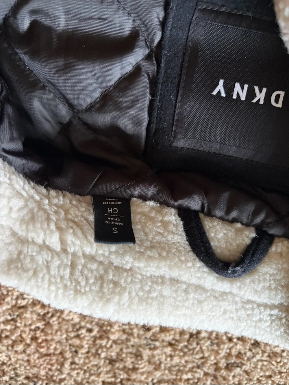 DKNY Black Bomber Jacket with Cream Sherpa Collar